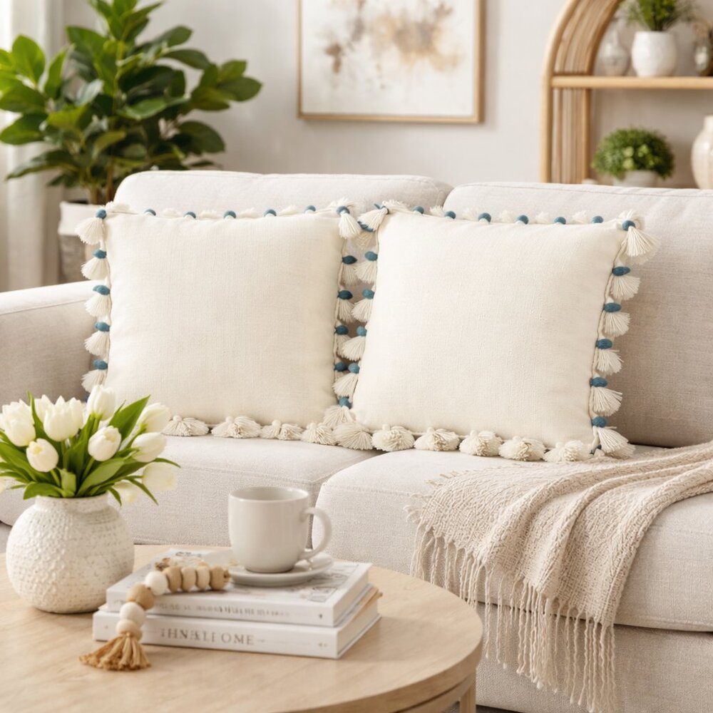 Set of 2 Teal Tassels Cotton 18" Throw Pillows with Inserts